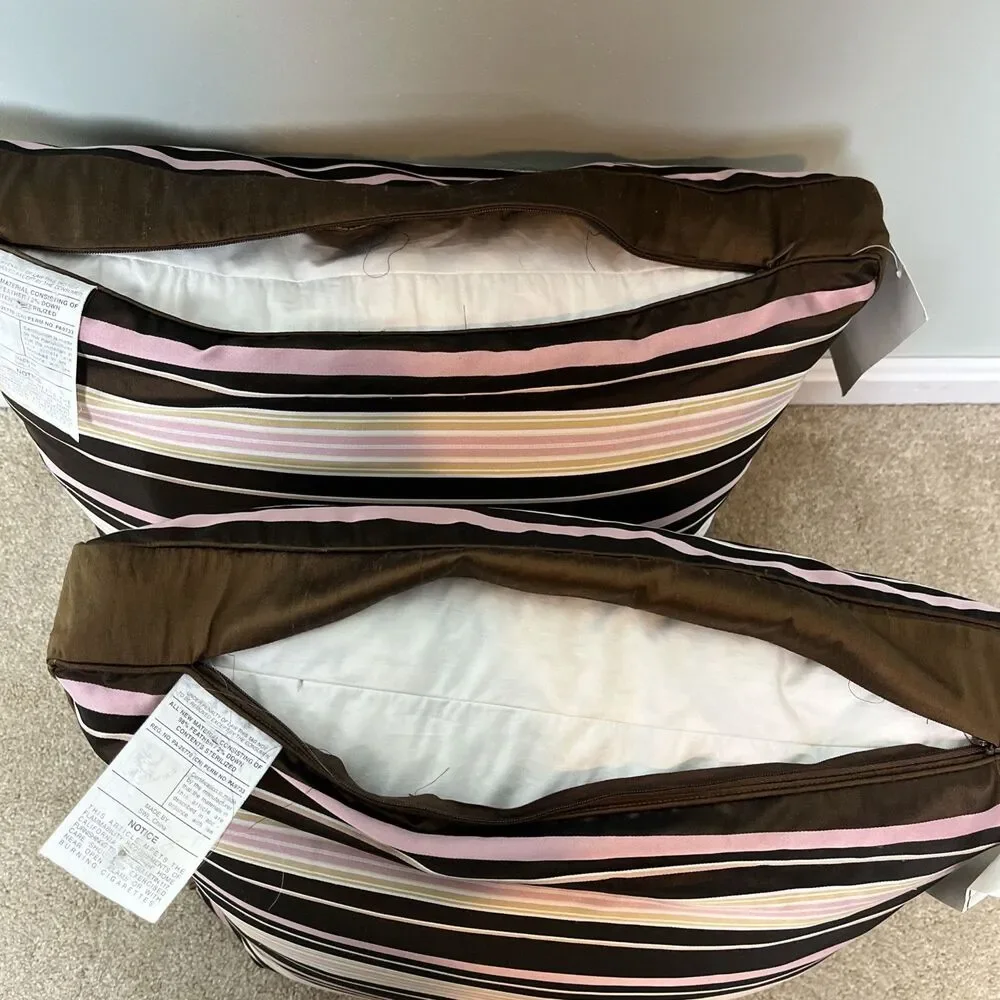 2 100% Silk Striped Throw Pillows Cushions Feather & Down Inserts 18x18 NWT Read